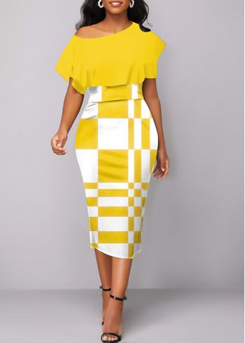 Yellow Asymmetry Geometric Print Short Sleeve Bodycon Dress - unsigned - Modalova
