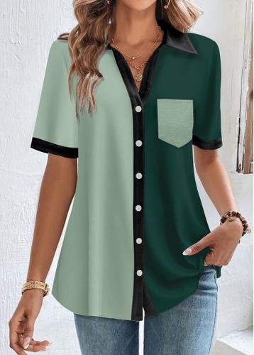 Green Button Short Sleeve Shirt Collar Blouse - unsigned - Modalova