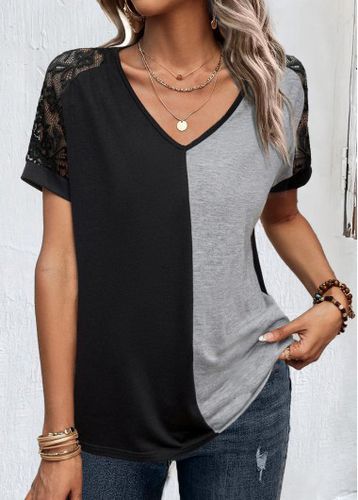Black Lace Short Sleeve V Neck T Shirt - unsigned - Modalova