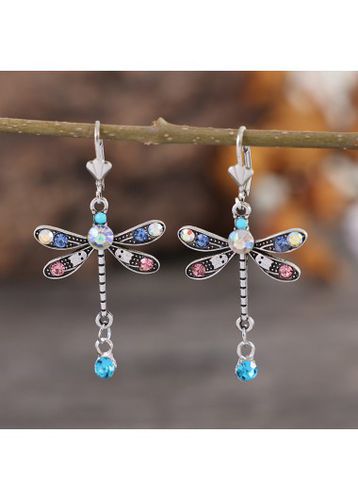 Multi Color Dragonfly Design Rhinestone Earrings - unsigned - Modalova