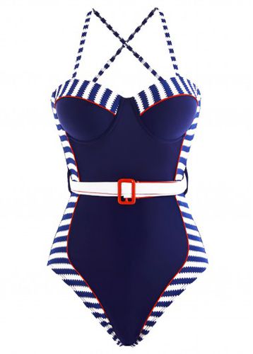 Striped Decorative Belt Navy Blue One Piece Swimwear - unsigned - Modalova