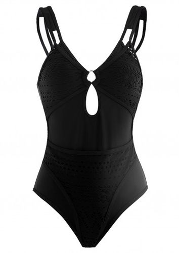 Lace Patchwork Black Metal Ring Detail One Piece Swimwear - unsigned - Modalova