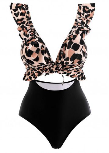 Black Flounce Cutout Leopard One Piece Swimwear - unsigned - Modalova