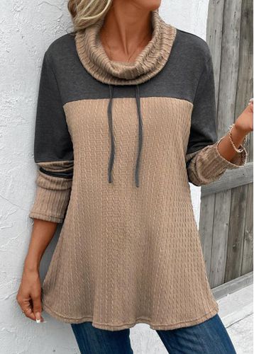 Light Camel Patchwork Long Sleeve Cowl Neck Sweatshirt - unsigned - Modalova