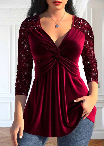 Wine Red Sequin Long Sleeve V Neck T Shirt - unsigned - Modalova
