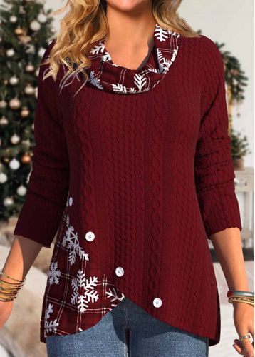 Christmas Deep Red Button Snowflake Print Long Sleeve Sweatshirt - unsigned - Modalova