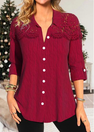 Wine Red Patchwork Long Sleeve Turn Down Collar Blouse - unsigned - Modalova