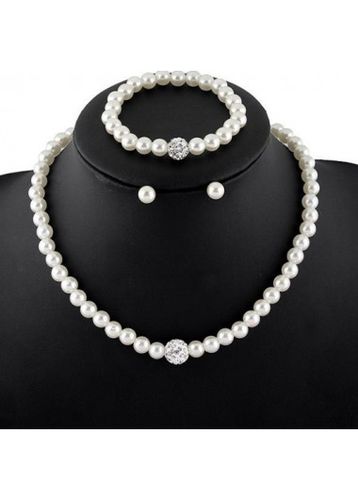 White Round Rhinestone Detail Pearl Necklace Set - unsigned - Modalova