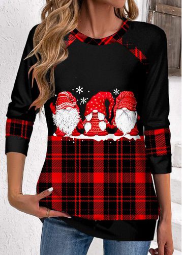 Black Patchwork Plaid Long Sleeve Round Neck Christmas Sweatshirt - unsigned - Modalova