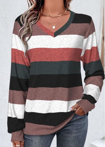 Multi Color Patchwork Striped Long Sleeve V Neck Sweatshirt - unsigned - Modalova