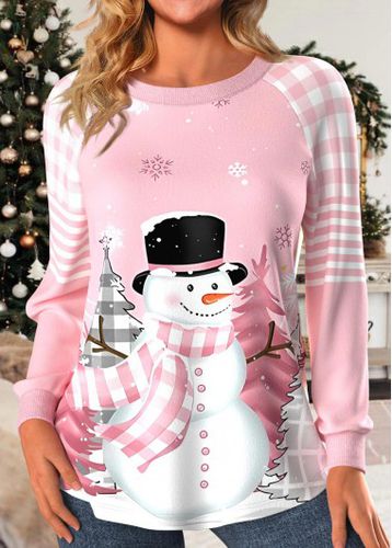 Light Pink Patchwork Snowman Print Long Sleeve Sweatshirt - unsigned - Modalova