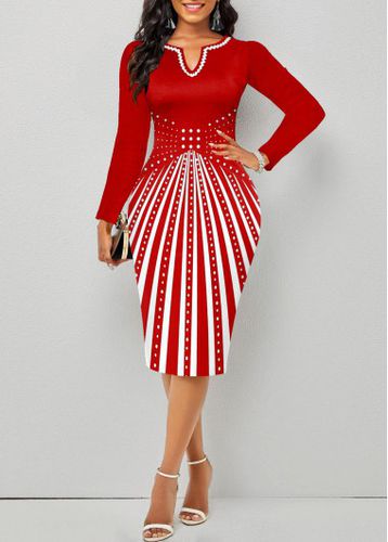 Red Split Geometric Print Long Sleeve Bodycon Dress - unsigned - Modalova