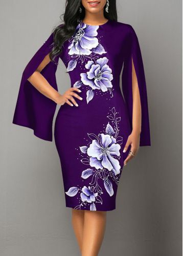Purple Split Floral Print Long Sleeve Bodycon Dress - unsigned - Modalova