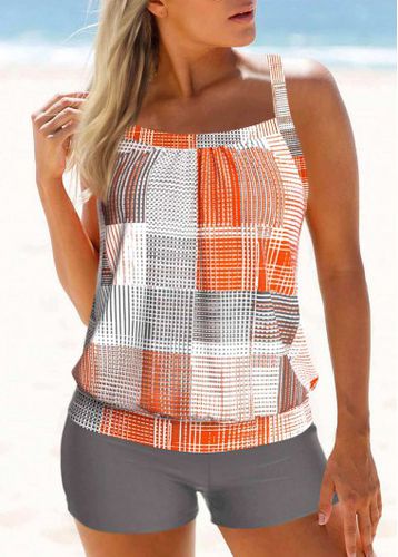 Criss Cross Geometric Print Orange Tankini Top - unsigned - Modalova