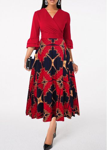 Wine Red Patchwork Tribal Print Cross Collar Dress - unsigned - Modalova