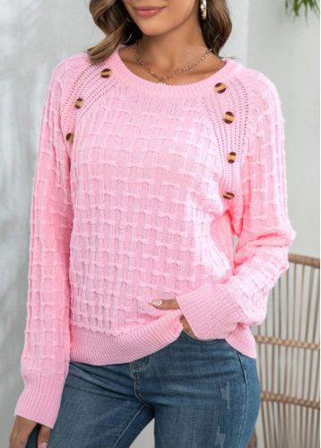 Pink Button Long Sleeve Round Neck Sweater - unsigned - Modalova