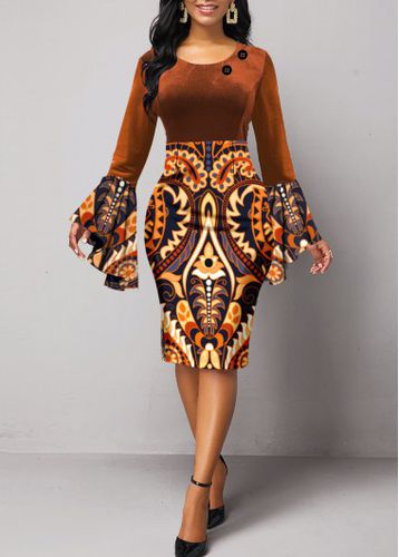 Dark Coffee Velvet Tribal Print Long Sleeve Bodycon Dress - unsigned - Modalova