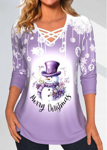 Light Purple Criss Cross Snowman Print Christmas T Shirt - unsigned - Modalova