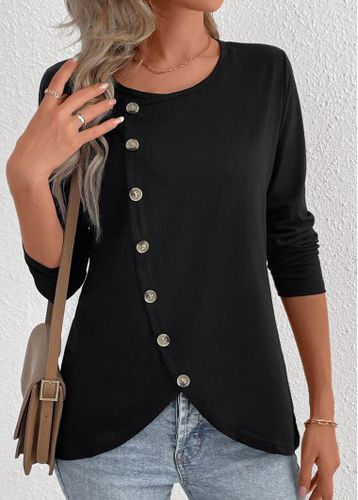 Black Button Long Sleeve Round Neck T Shirt - unsigned - Modalova