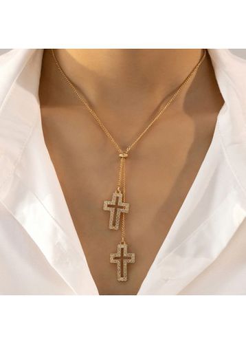 Golden Cutout Cross Rhinestone Alloy Necklace - unsigned - Modalova