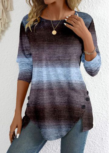 Patchwork Ombre Long Sleeve Round Neck T Shirt - unsigned - Modalova