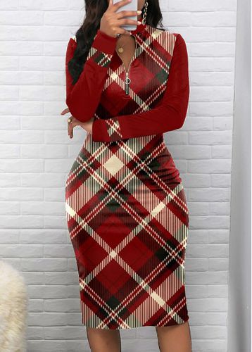 Wine Red Zipper Plaid Long Sleeve Bodycon Dress - unsigned - Modalova