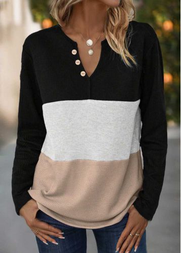 Black Button Long Sleeve Split Neck T Shirt - unsigned - Modalova