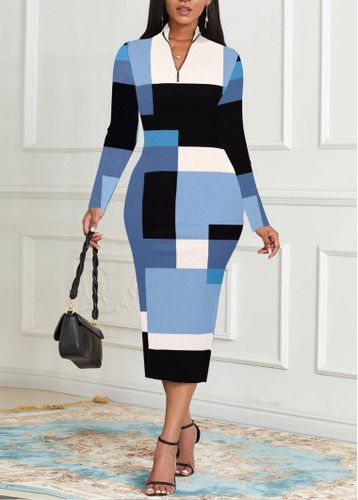 Light Blue Zipper Geometric Print Long Sleeve Dress - unsigned - Modalova