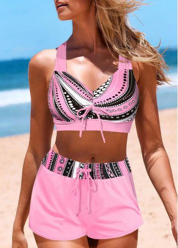 Patchwork Mid Waisted Geometric Print Pink Bikini Set - unsigned - Modalova