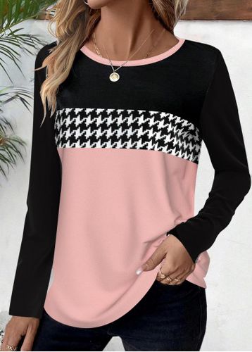 Pink Geometric Print Long Sleeve Round Neck T Shirt - unsigned - Modalova