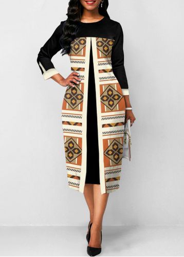 Black Fake 2in1 Tribal Print A Line Dress - unsigned - Modalova