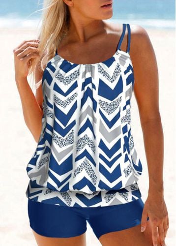 Geometric Print Blue Double Straps Tankini Top - unsigned - Modalova