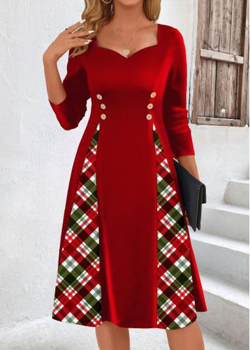 Red Patchwork Plaid Long Sleeve Heart Collar Dress - unsigned - Modalova