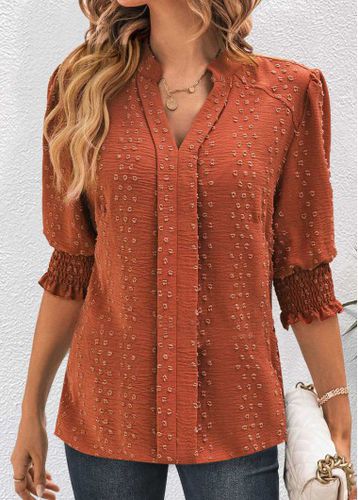 Brick Red Jacquard Half Sleeve Split Neck Blouse - unsigned - Modalova