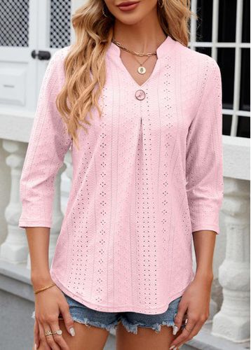 Light Pink Button 3/4 Sleeve Split Neck T Shirt - unsigned - Modalova