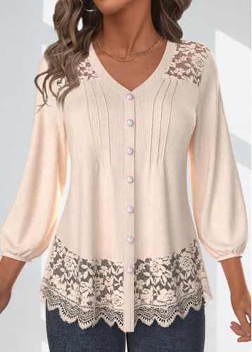 Skin Color Lace 3/4 Sleeve V Neck Blouse - unsigned - Modalova