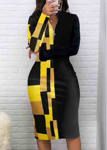 Black Patchwork Geometric Print Long Sleeve Bodycon Dress - unsigned - Modalova