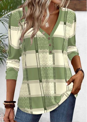Sage Green Button Plaid Long Sleeve T Shirt - unsigned - Modalova