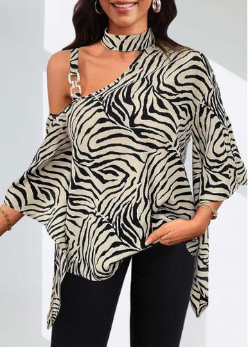 Light Camel Asymmetry Zebra Stripe Print 3/4 Sleeve Blouse - unsigned - Modalova