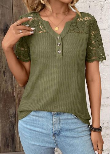 Olive Green Patchwork Short Sleeve Split Neck T Shirt - unsigned - Modalova