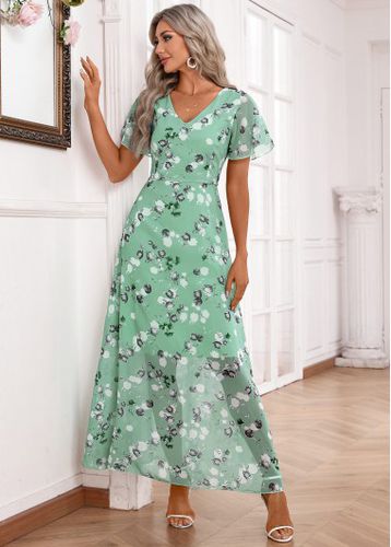 Light Green Zipper Floral Print Belted Dress - unsigned - Modalova