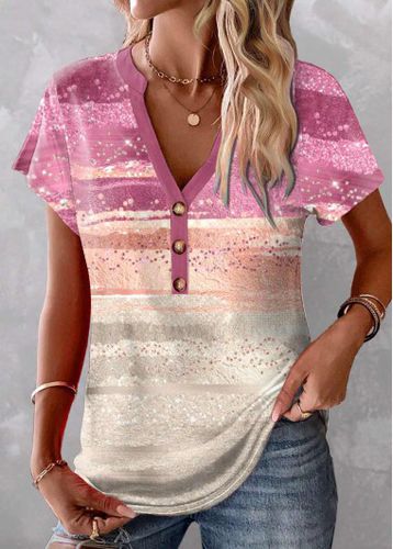 Pink Patchwork Ombre Short Sleeve V Neck T Shirt - unsigned - Modalova