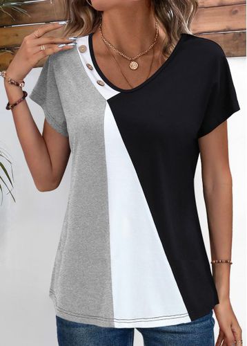 Black Patchwork Short Sleeve V Neck T Shirt - unsigned - Modalova