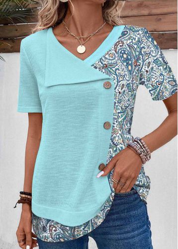 Light Blue Patchwork Tribal Print Short Sleeve T Shirt - unsigned - Modalova