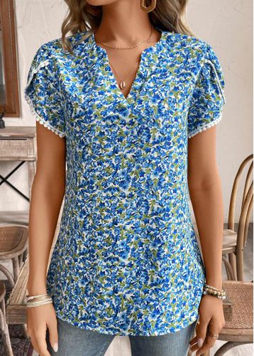 Blue Patchwork Ditsy Floral Print Short Sleeve T Shirt - unsigned - Modalova