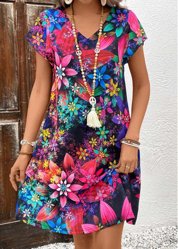 Multi Color Floral Print Short Sleeve Shift Dress - unsigned - Modalova