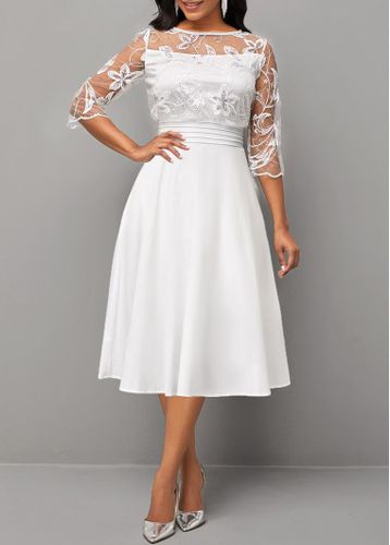 White Lace 3/4 Sleeve Round Neck Dress - unsigned - Modalova