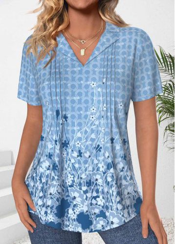 Dusty Blue Tuck Stitch Floral Print T Shirt - unsigned - Modalova