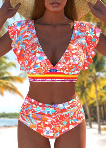 Ruffle Floral Print Coral Bikini Set - unsigned - Modalova