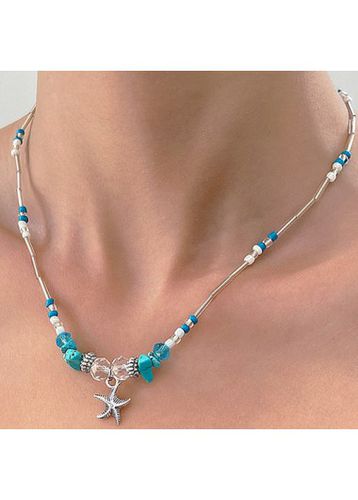 Mint Green Starfish Beaded Alloy Necklace - unsigned - Modalova